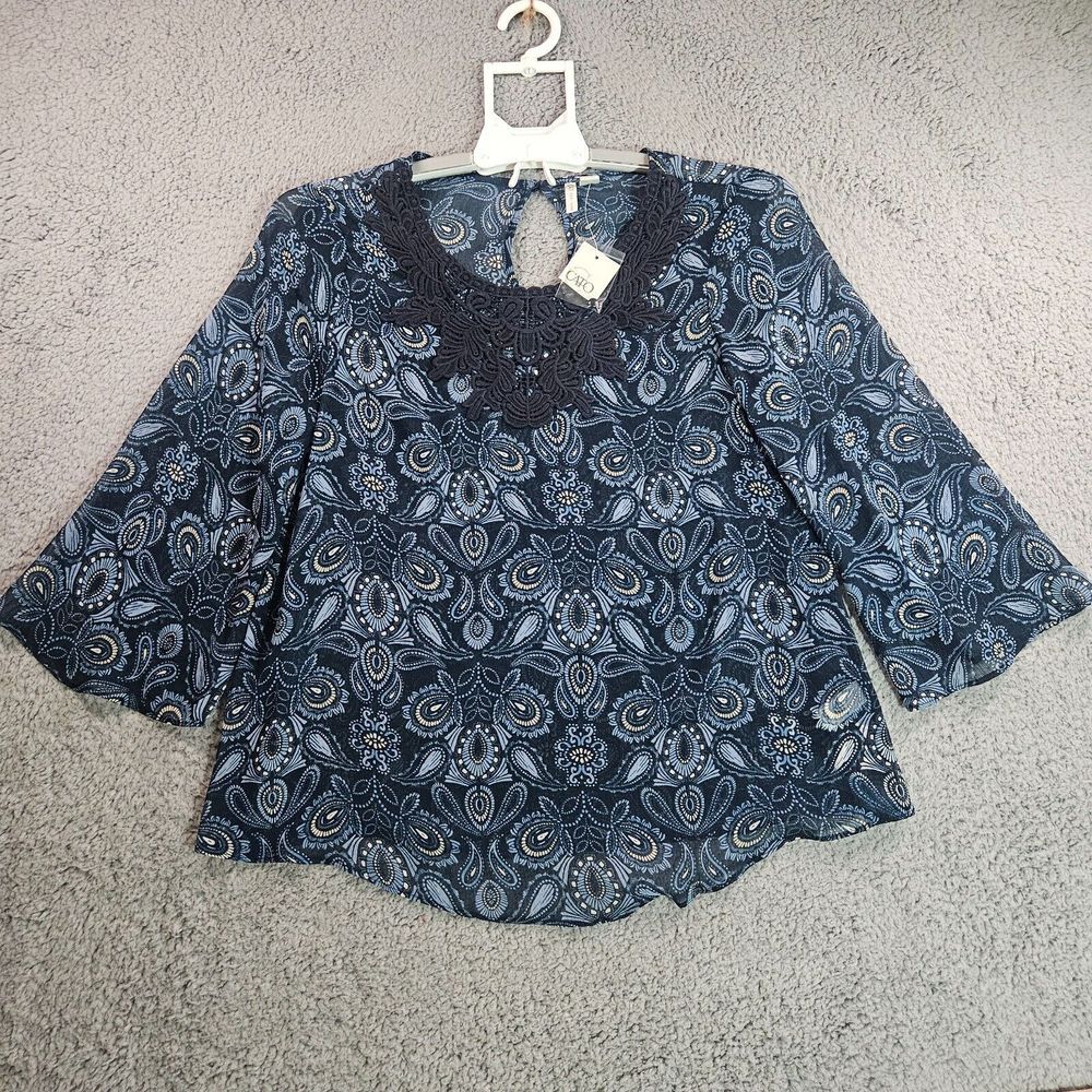 NWT Cato Top Blouse Womens XS Lace Neck Sheer Geometric Blue -‎ XS
